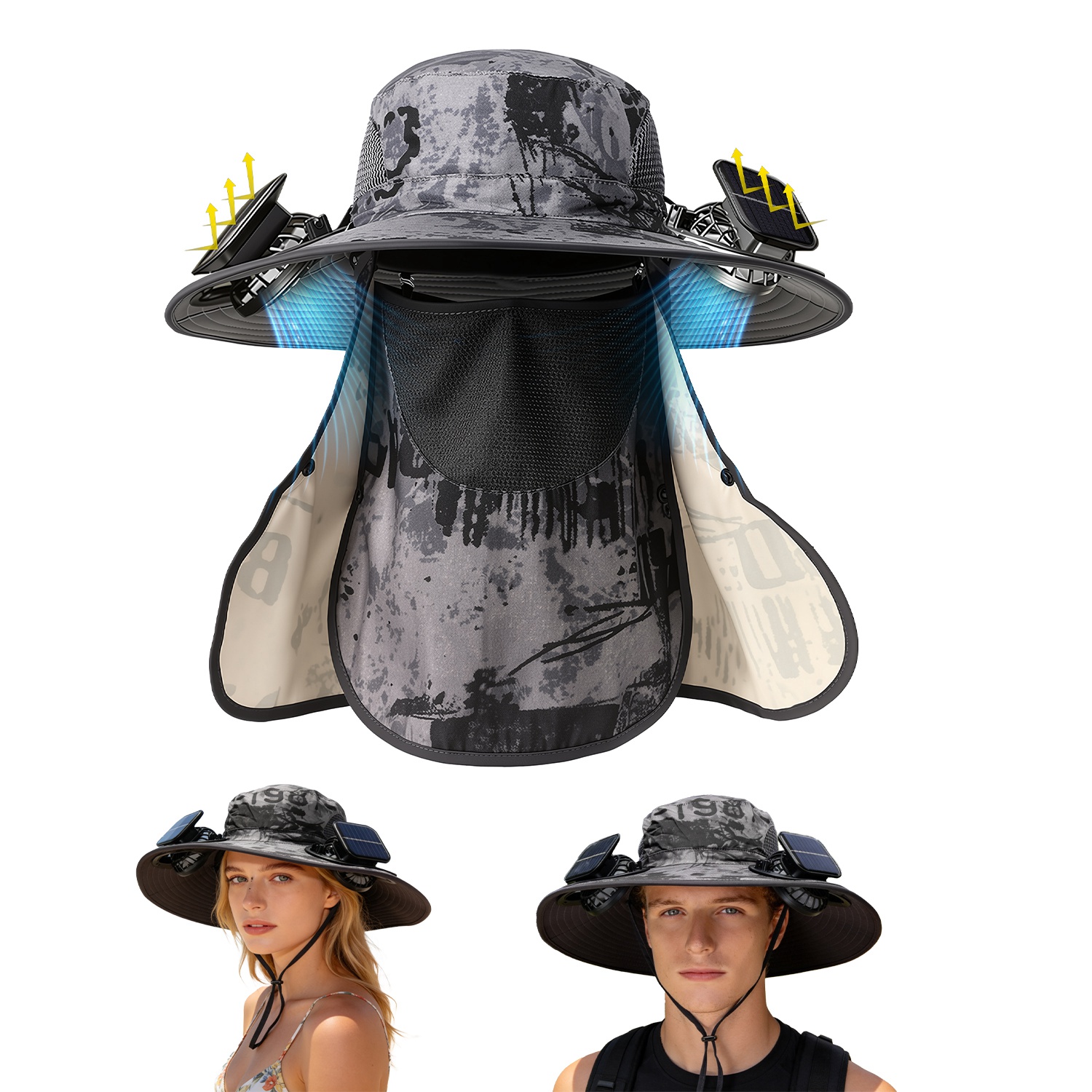 1Pc 2 In 1 Solar Fan Hat UPF50 Sun Hat With Fans Wide Brim Fishing Hat With Face Cover Neck Flap Solar USB Charging For Hiking Gardening Outdoor Work - View 5